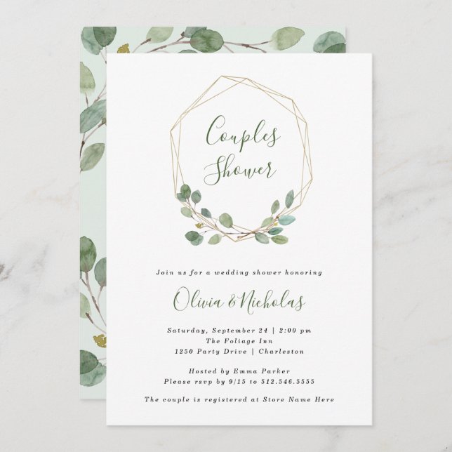 Watercolor Eucalyptus | Geometric Couples Shower Invitation (Front/Back)