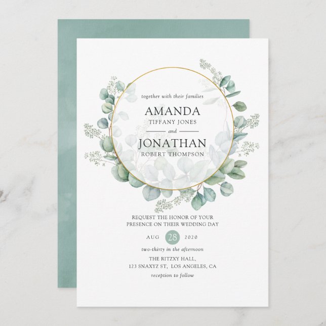 Watercolor Eucalyptus Geometric Wedding Invitation (Front/Back)