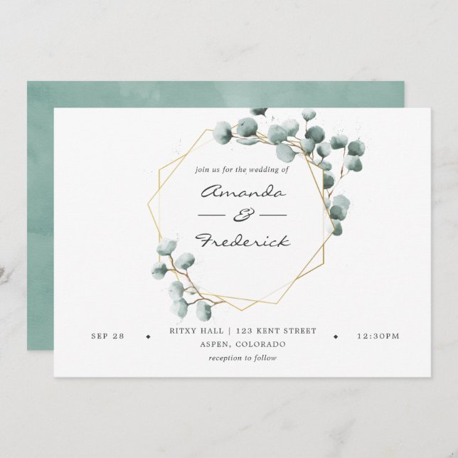 Watercolor Eucalyptus Geometric Wedding Invitation (Front/Back)