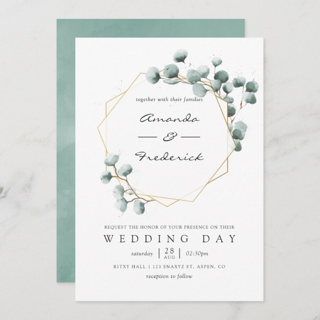 Watercolor Eucalyptus Geometric Wedding Invitation (Front/Back)