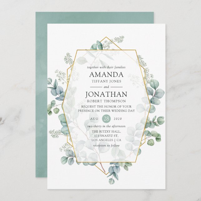 Watercolor Eucalyptus Geometric Wedding Invitation (Front/Back)