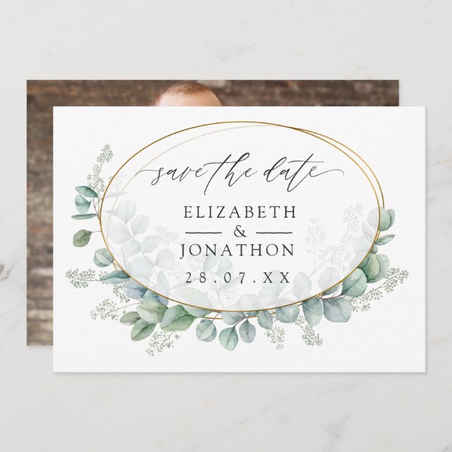 Watercolor Eucalyptus Geometric Wedding Save The Date (Front/Back)