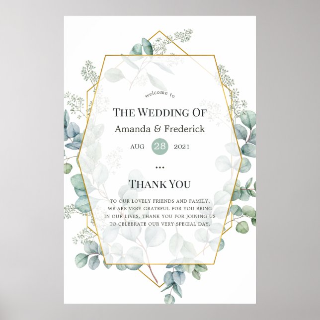 Watercolor Eucalyptus Geometric Wedding Welcome Poster (Front)