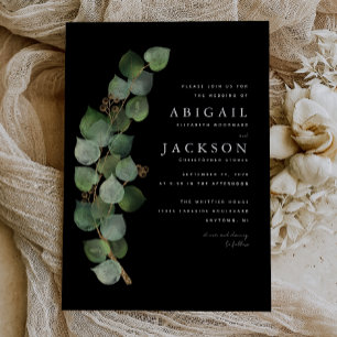 Watercolor Eucalyptus Gold Black Wedding Invitation