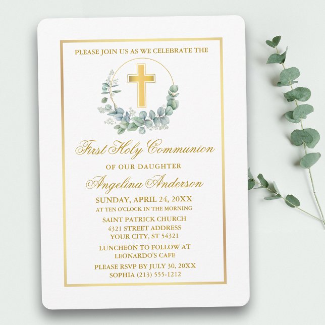 Watercolor Eucalyptus Gold First Communion Invitation (Customize to change text color, size, style or to add photos or more text to back of card.)