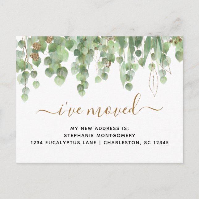 Watercolor Eucalyptus Gold Foil Moving Announcement Postcard (Front)