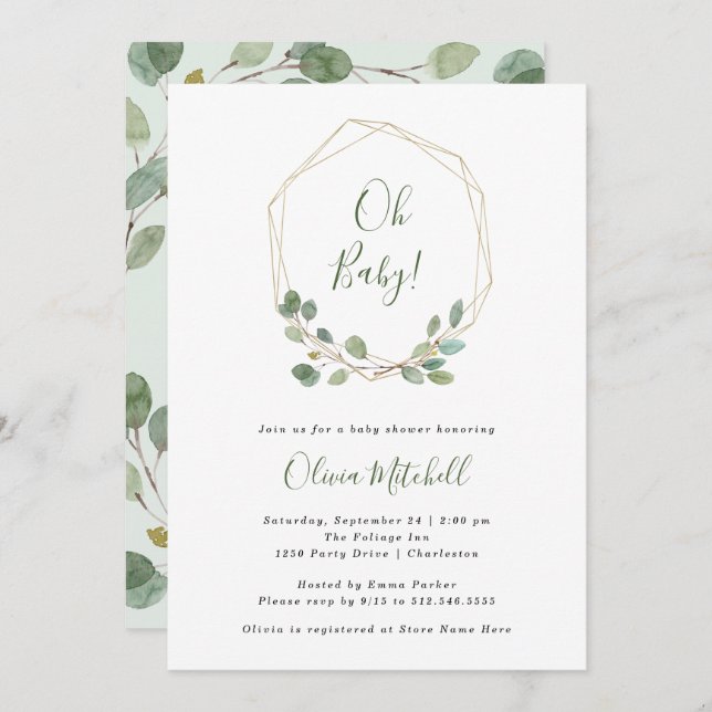 Watercolor Eucalyptus | Gold Geometric Baby Shower Invitation (Front/Back)
