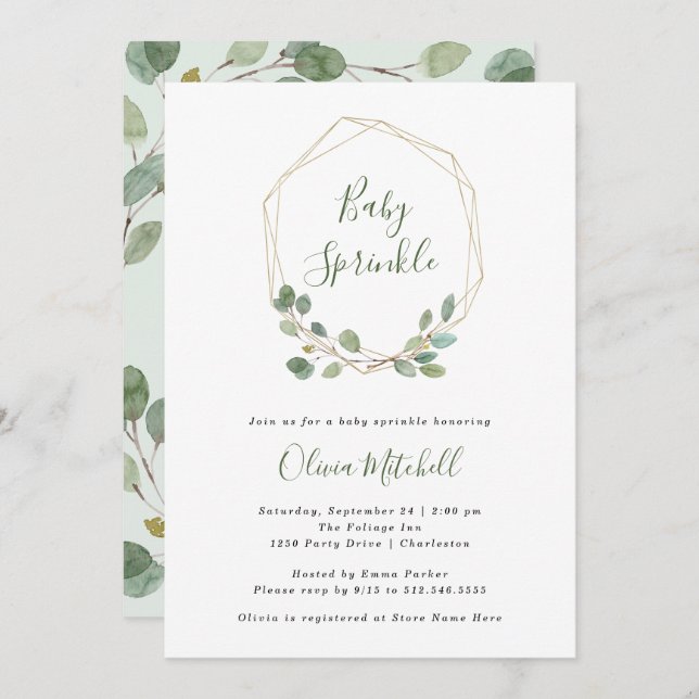 Watercolor Eucalyptus Gold Geometric Baby Sprinkle Invitation (Front/Back)