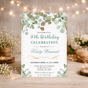 Watercolor Eucalyptus Gold Glitter Birthday Invitation