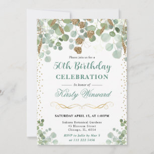 Watercolor Eucalyptus Gold Glitter Birthday Invitation