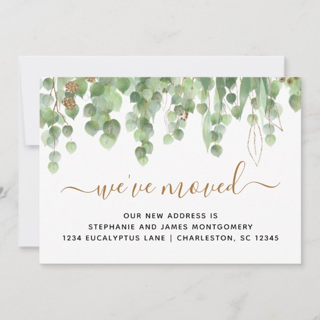 Watercolor Eucalyptus Gold Glitter Foil Moving Announcement (Front)