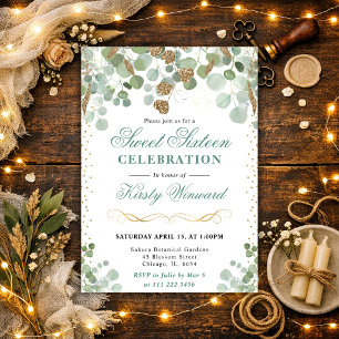 Watercolor Eucalyptus Gold Glitter Sweet 16 Invitation