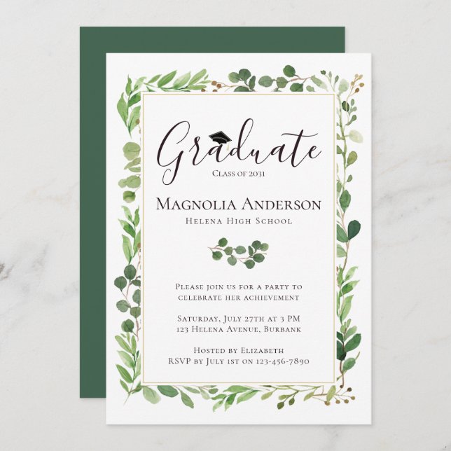 Watercolor Eucalyptus Graduation Party Invitation (Front/Back)
