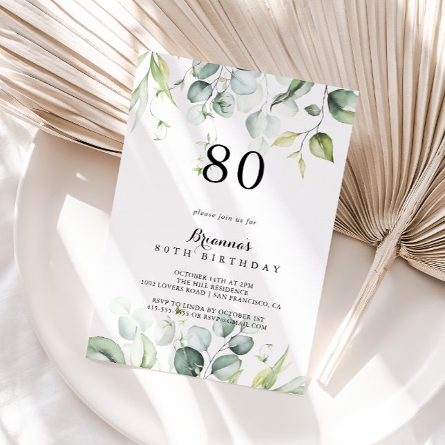 Watercolor Eucalyptus Green 80th Birthday Party    Invitation (Creator Uploaded)