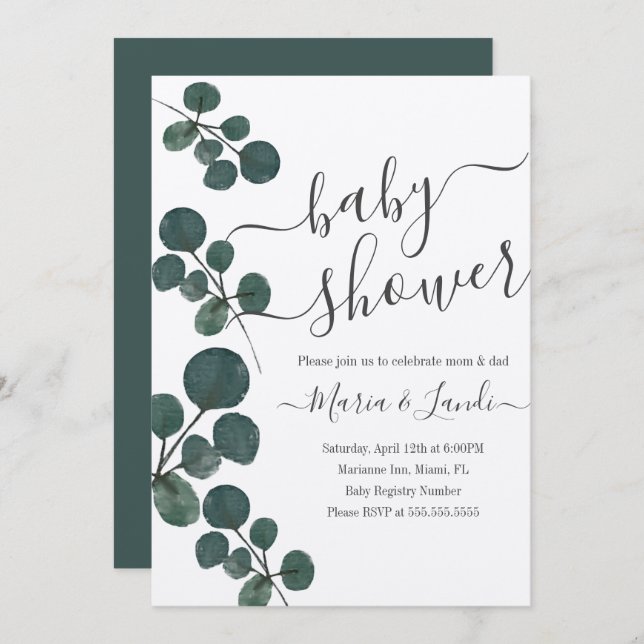 Watercolor Eucalyptus Green Baby Shower Kraft Invitation (Front/Back)