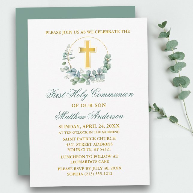 Watercolor Eucalyptus Green Gold First Communion Invitation (Customize to change text color, size, style or to change color of back of card.)