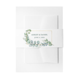 Watercolor Eucalyptus Green Gold Frame Wedding Invitation Belly Band