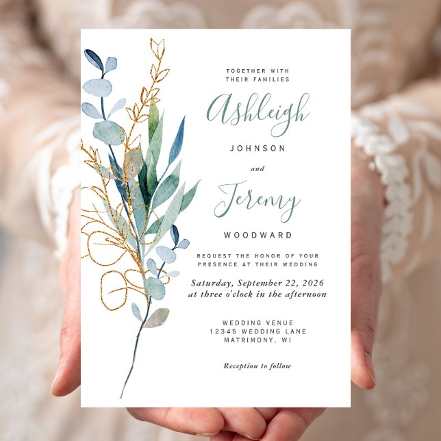 Watercolor Eucalyptus Green Gold Wedding Invitation (Creator Uploaded)
