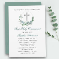 Watercolor Eucalyptus Green Silver First Communion