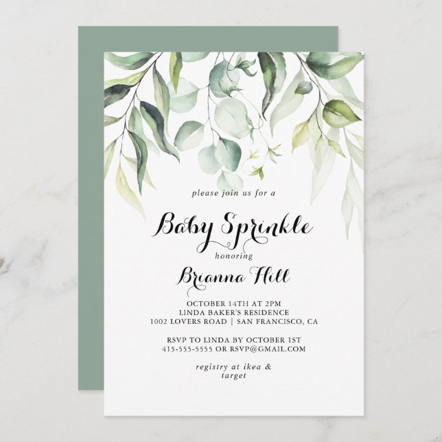Watercolor Eucalyptus Greenery Baby Sprinkle  Invitation (Front/Back)
