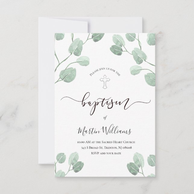 watercolor eucalyptus greenery baptism invitation (Front)