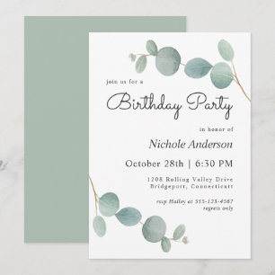 Watercolor Eucalyptus Greenery Birthday Party Invitation