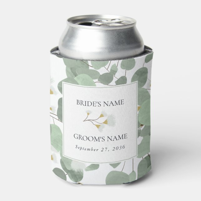 Watercolor Eucalyptus Greenery Blossoms Wedding Can Cooler (Can Front)