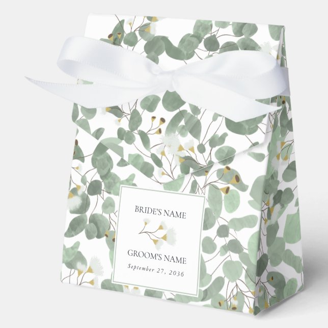 Watercolor Eucalyptus Greenery Blossoms Wedding Favour Box (Front)