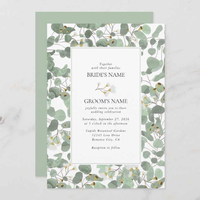 Watercolor Eucalyptus Greenery Blossoms Wedding Invitation (Front/Back)
