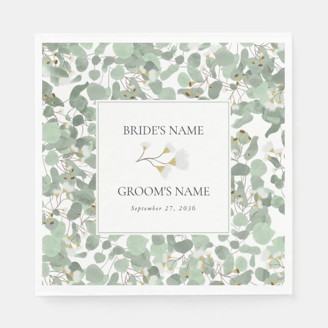Watercolor Eucalyptus Greenery Blossoms Wedding Napkin (Front)