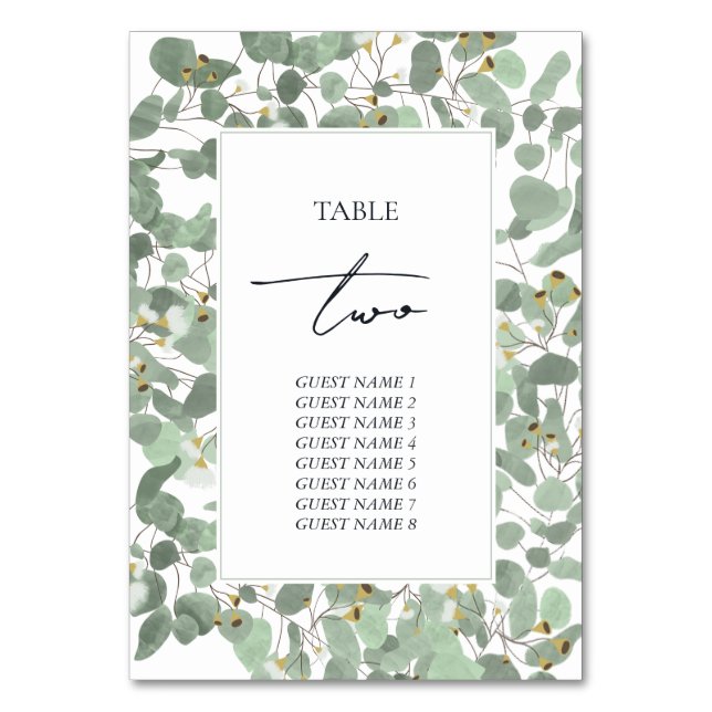Watercolor Eucalyptus Greenery Blossoms Wedding Table Number (Front)