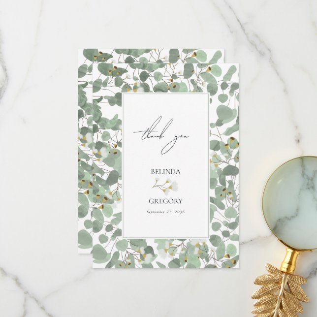 Watercolor Eucalyptus Greenery Blossoms Wedding Thank You Card (Front/Back In Situ)