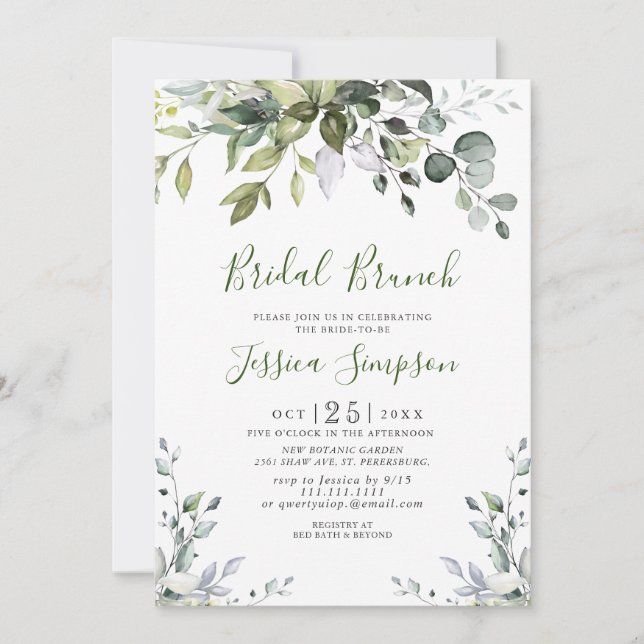 Watercolor Eucalyptus Greenery Bridal  Brunch Invitation (Front)
