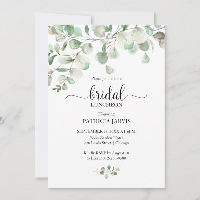 Watercolor Eucalyptus Greenery Bridal Luncheon Inv Invitation (Front)