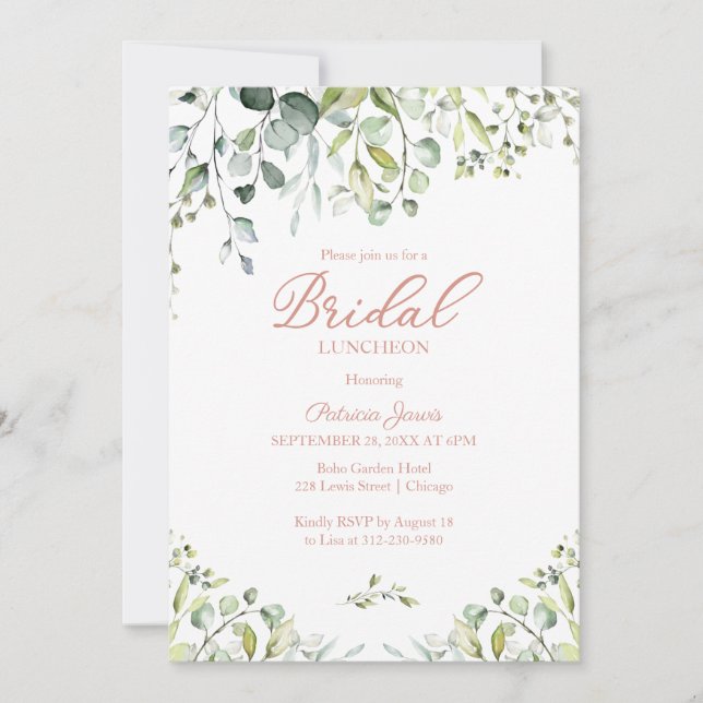 Watercolor Eucalyptus Greenery Bridal Luncheon Invitation (Front)