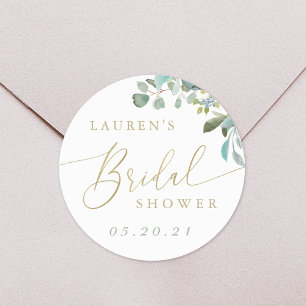 Watercolor Eucalyptus Greenery Bridal Shower Favou Classic Round Sticker