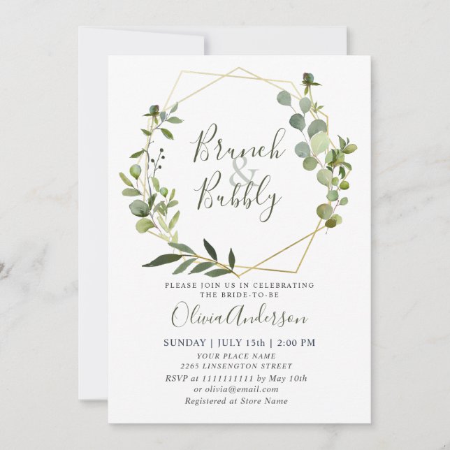 Watercolor Eucalyptus Greenery BRUNCH BUBBLY Invitation (Front)
