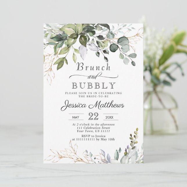 Watercolor Eucalyptus Greenery Brunch & Bubbly Invitation (Standing Front)