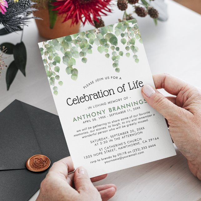 Watercolor Eucalyptus Greenery Celebration of Life Invitation (Creator Uploaded)