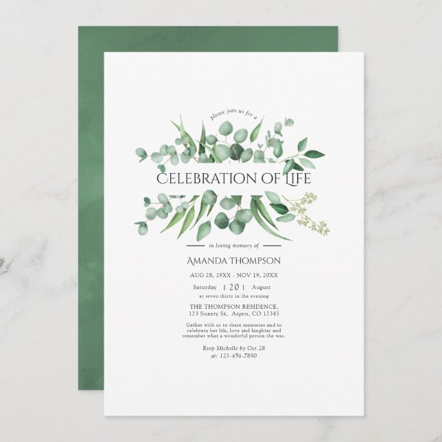 Watercolor Eucalyptus Greenery Celebration of Life Invitation (Front/Back)