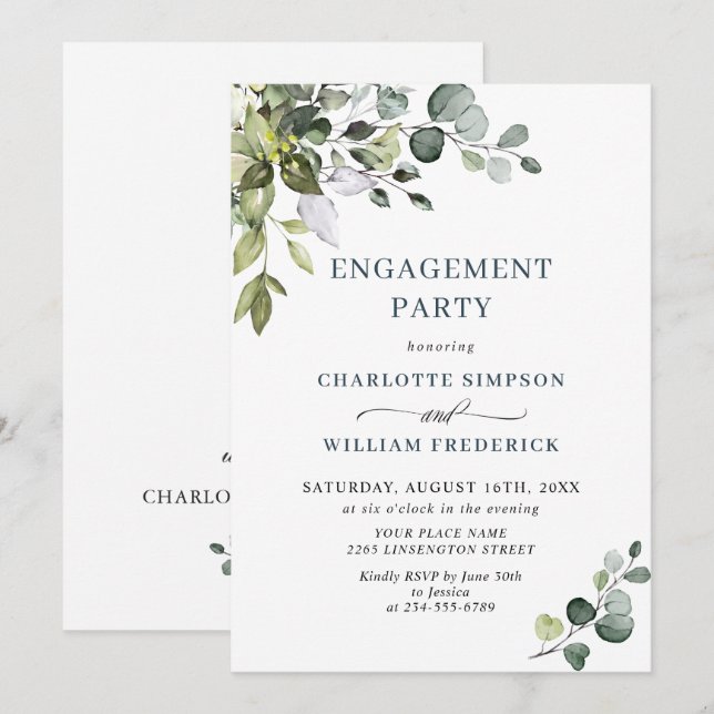 Watercolor Eucalyptus Greenery ENGAGEMENT PARTY Invitation (Front/Back)