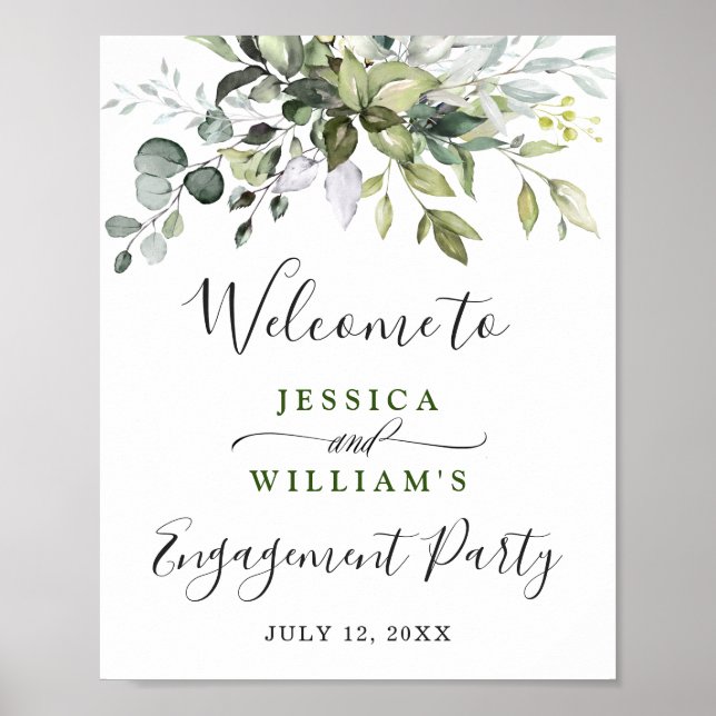 Watercolor Eucalyptus Greenery Engagement Party Poster (Front)