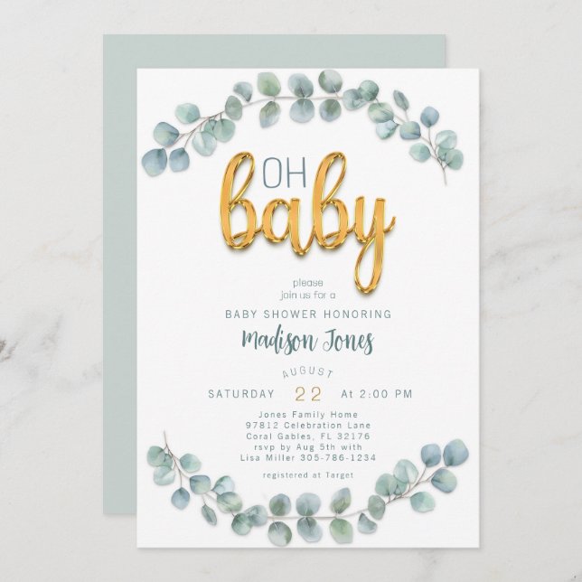Watercolor Eucalyptus Greenery Gold Baby Shower Invitation (Front/Back)