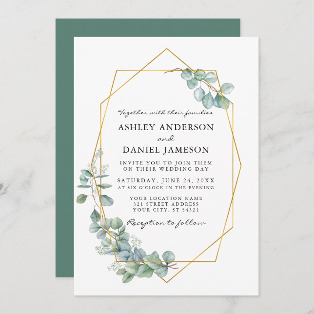 Watercolor Eucalyptus Greenery Gold Frame Wedding Invitation (Front/Back)