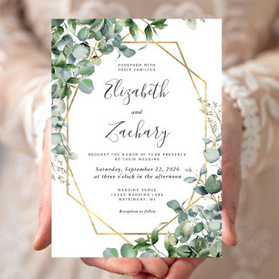 Watercolor Eucalyptus Greenery Gold Frame Wedding Invitation