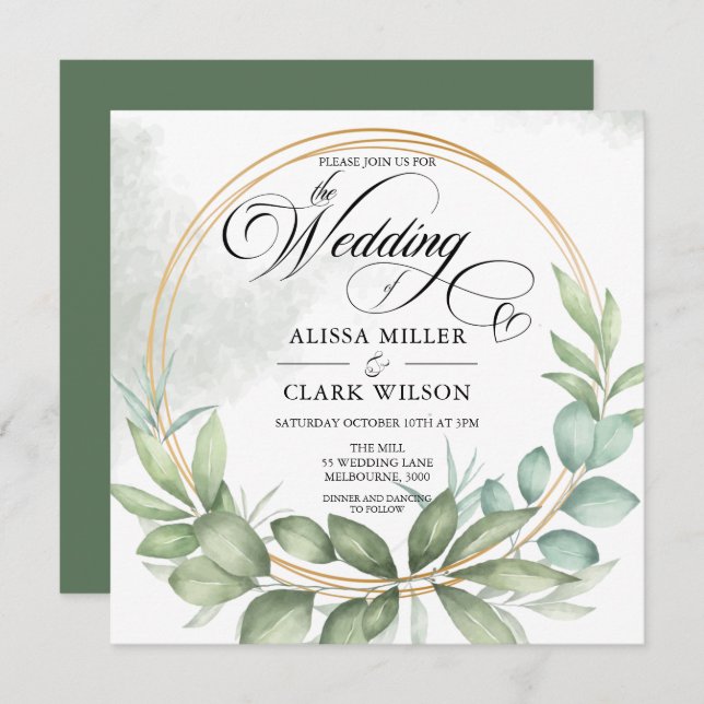 Watercolor Eucalyptus Greenery Gold Frame Wedding Invitation (Front/Back)