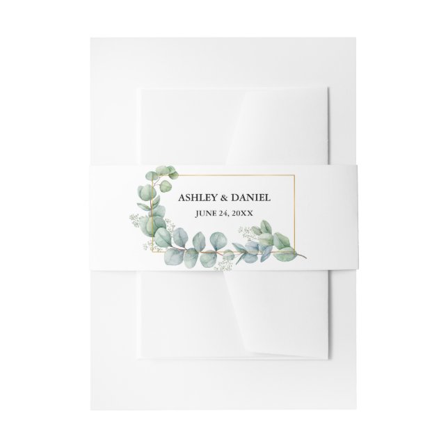 Watercolor Eucalyptus Greenery Gold Frame Wedding Invitation Belly Band (Front Example)