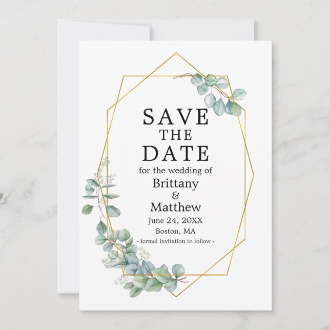 Watercolor Eucalyptus Greenery Gold Geo Frame Save The Date (Front)