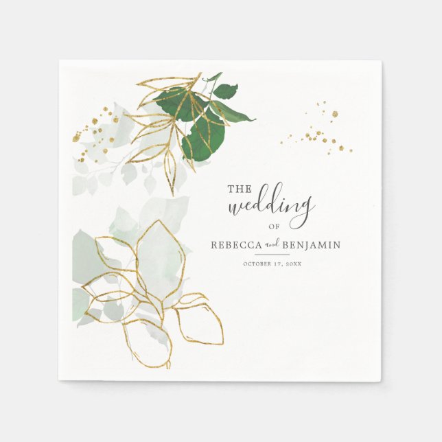 Watercolor Eucalyptus Greenery Gold Leaves Wedding Napkin (Front)