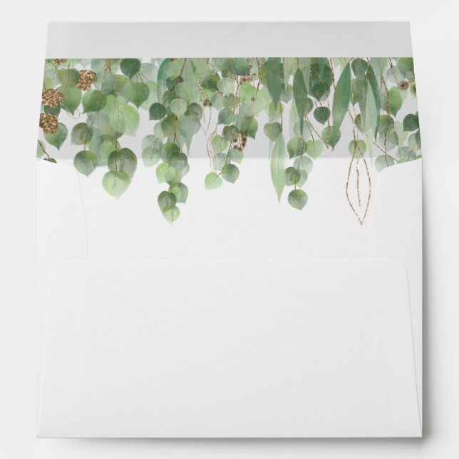 Watercolor Eucalyptus Greenery Gold Wedding Envelope (Back (Bottom))